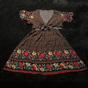 Floral Print Tie Front Peekaboo Butterfly Sleeve A-line Dress, Size L